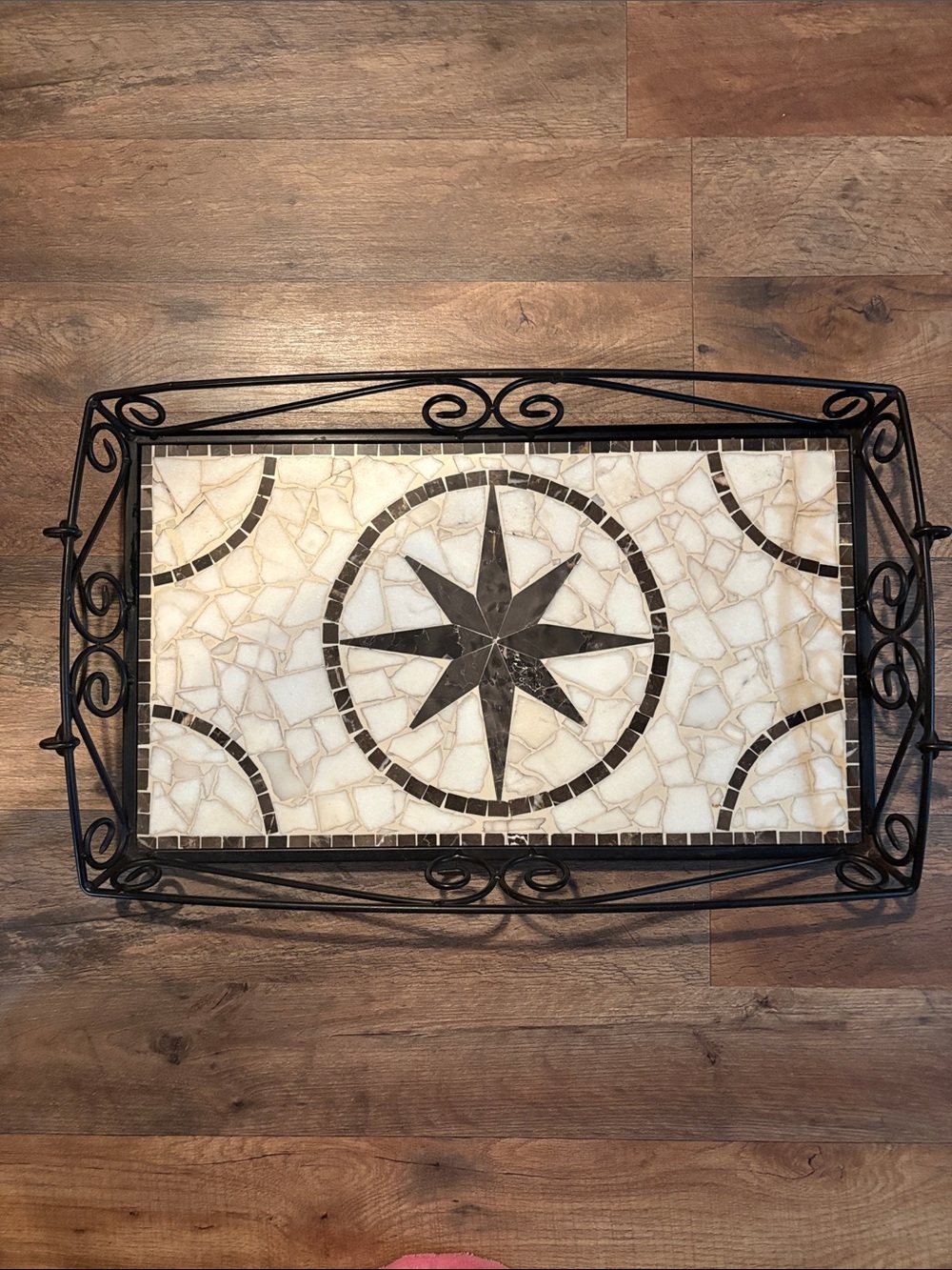 Vintage Mosaic Tile/Wrought Iron Serving Tray 22x14 Compass Rose Coastal Decor